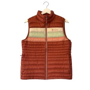 Cotopaxi Fuego Goose Down Puffer Vest Quilted Brown Retro Stripes Women Sz Small